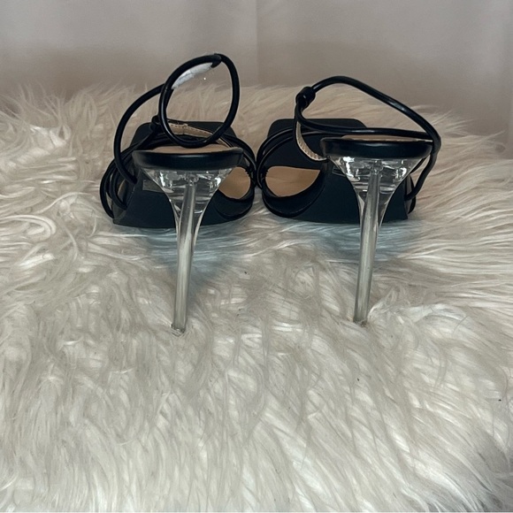 H HALSTON Wizard Black Strappy Vegan Leather Clear Stiletto Heels Open Toe 6.5 - Picture 4 of 7